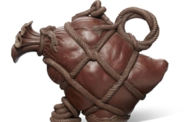 A LEATHER POUCH-FORM YIXING TEAPOT AND COVER, 'SACKED DOWN', ZHOU DINGFANG (B. 1965)