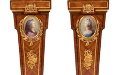 A Pair of Louis XVI Style Gilt Bronze and Porcelain Mounted Kingwood Pedestals