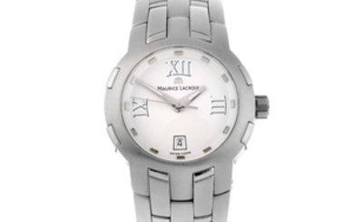 MAURICE LACROIX - a lady's stainless steel Milestone bracelet watch with two Emporio Armani bracelet watches.