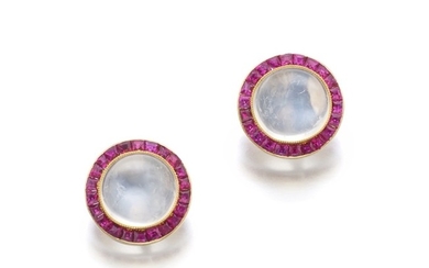 PAIR OF MOONSTONE AND RUBY EARRINGS | CARTIER, COMPOSITE