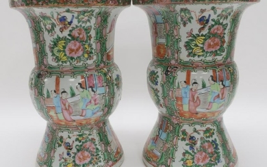 Pair of Rose Medallion Gu Form Vases, 19th C