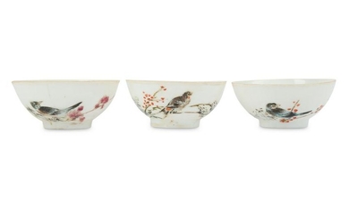 THREE CHINESE FAMILLE ROSE EGGSHELL 'BIRDS' TEACUPS BY