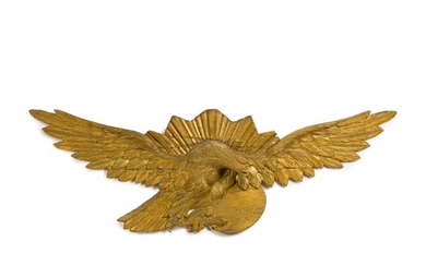 VERY FINE LARGE CARVED GILTWOOD SPREAD-WINGED 'SUNBURST' AMERICAN EAGLE WALL PLAQUE, LATE 19TH CENTURY