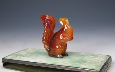 YAMANAKA & CO AGATE SQUIRREL ON JADE AND SILVER BASE