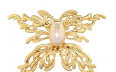 Gilbert Albert, pendentif papillon en or 750 serti d'une perle de culture rosée