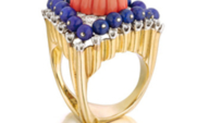 A coral, lapis lazuli and diamond ring