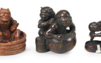 Three wood figure netsuke