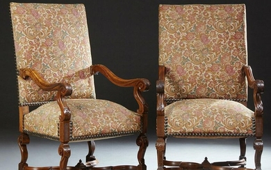 Pair of Louis XIII Style Floral Upholstered Carved