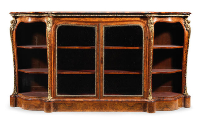 An early Victorian gilt bronze mounted figured walnut and tulipwood crossbanded low display cabinet
