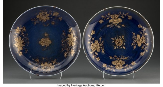 78057: Two Chinese Partial Gilt Blue Porcelain Plates 1