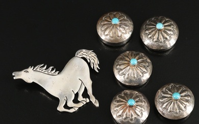 800 Silver Turquoise Button Covers and Frank Salicido "Comes Charging" Brooch