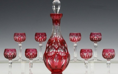 (9) CRANBERRY CUT-TO-CLEAR GLASS LIQUOR SET