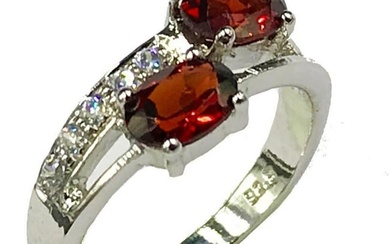 925 Sterling Silver Ring with Double Garnet Stones Surrounded by Austrian Crystals