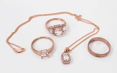 9ct rose gold gem set pendant on chain, together with a similar style ring and two other 9ct rose gold rings (4)