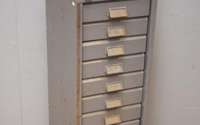 A 1950S TWELVE DRAWER METAL CABINET (A/F) (115H x 36W x 41D CM) (PLEASE NOTE THIS HEAVY ITEM MUST BE REMOVED BY CARRIERS AT THE CUST...