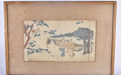 A 19TH CENTURY JAPANESE MEIJI PERIOD WOODBLOCK PRINT depicting geisha and males roaming in a landsca