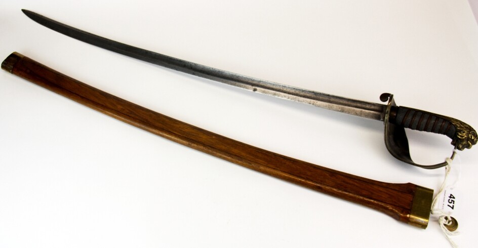 A 19th century Navy Officers dress sword with oak leaf wreath to hilt, indicating early 19th century. Later wooden scabbard, sword L.