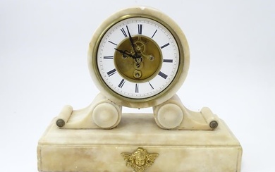 A 19thC French alabaster drum head clock by Farcot, Paris, with Roman chapter ring and visible