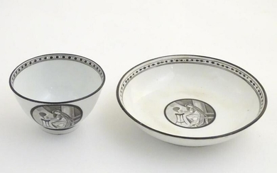 A 19thC tea bowl and saucer, decorated with monochrome