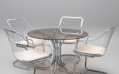 A 5-piece, glass, steel dining group, Italian design, later part of the 20th century.