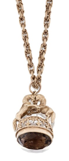 A 9ct gold neckchain with greenish smoky quartz fob, the fancy link neckchain suspending a fob surmounted by rearing horses, chain length approx. 44cm, fob length approx. 4cm