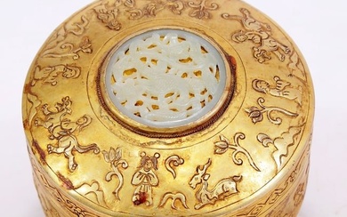 A Brilliant Gilt-Bronze Silver White Jade-Inlaid 'Flower& Figure' Box
