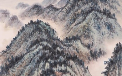 A CHINESE LANDSCAPE PAINTING ON PAPER, MOUNTED, ZHOU HUAIMIN MARK