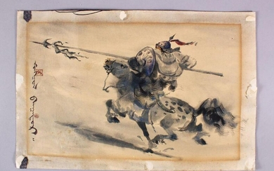 A CHINESE PAINTING ON PAPER - WARRIOR ON HORSEBACK, the