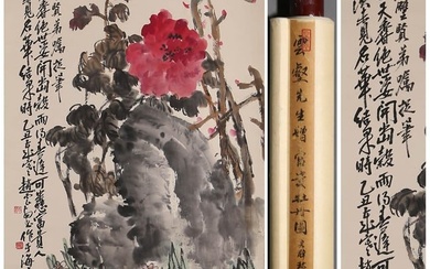 A CHINESE PEONY PAINTING, INK AND COLOR ON PAPER, HANGING SCROLL, ZHAO YUNHE MARK