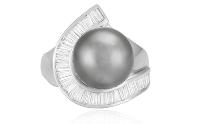 A CULTURED PEARL AND DIAMOND DRESS RING The Tahitian grey p...