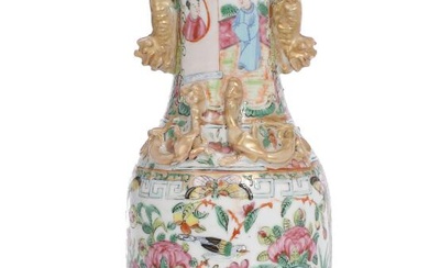 A Chinese 20th century enamelled Canton porcelain baluster vase, handles moulded like...