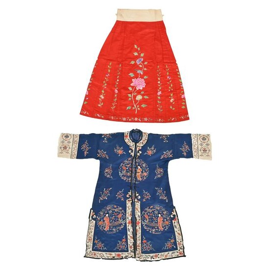 A Chinese Embroidered Silk Robe and Skirt