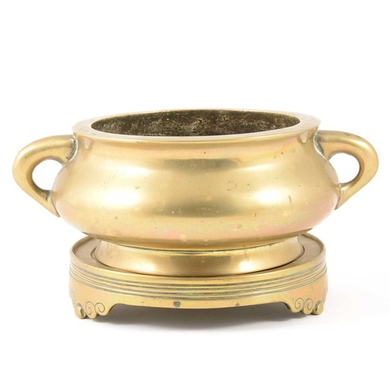 A Chinese bronze two handled censer, Xuande six character mark