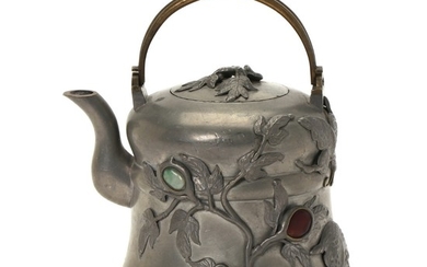 A Chinese pewter teapot adorned with semi-precious stones.Mark of Daokou Jusheng, Republic. H. 12 cm.