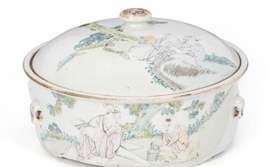 A Chinese porcelain food container, decorated in colours with scholar in garden....