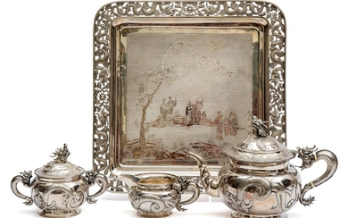 A Chinese three-piece tea service and tray