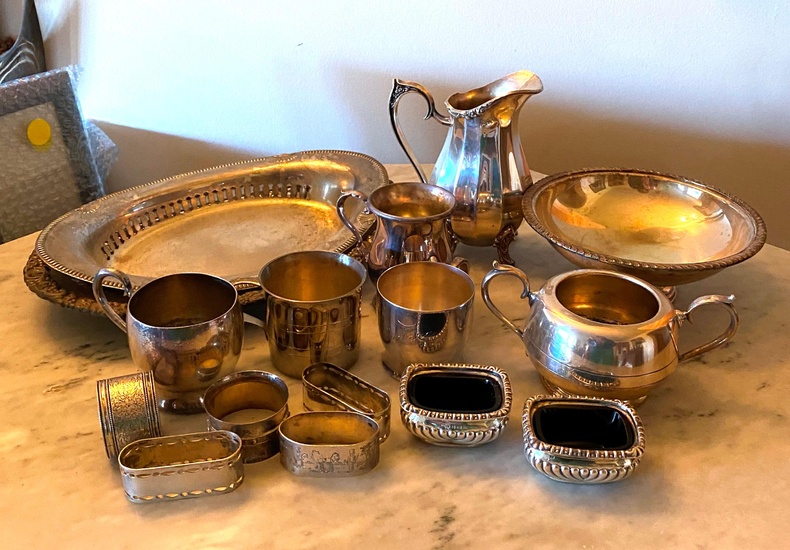A Collection of Silver Plate including Napkin Rings, Salts, Jug
