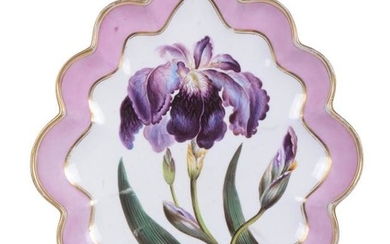 A Derby botanical shaped oval serving dish painted with an iris and attributed to William 'Quaker' Pegg, circa 1800
