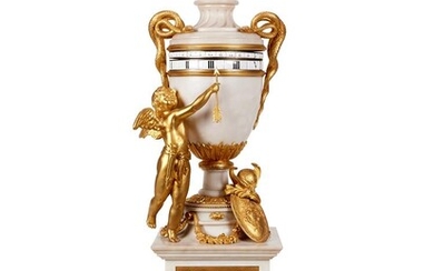 A FRENCH ORMOLU MOUNTED WHITE MARBLE MANTEL CLOCK