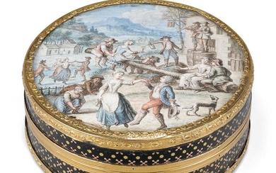 A French gold-mounted and pique snuff box, late 18th century, the cover inset with a watercolour of villagers dancing outside a tavern, tortoiseshell lined with old inventory number G.R. 379, 7.7cm diameter