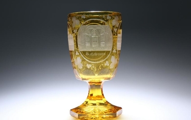 A GERMAN AMBER GLASS GOBLET, 19th CENTURY, the bowl