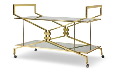 A GILT BRONZE AND SMOKED GLASS DRINKS TROLLEY, 1950S
