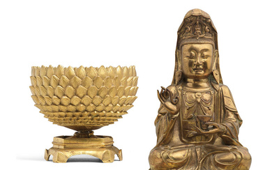 A GILT-BRONZE FIGURE OF GUANYIN AND A STAND 17th century