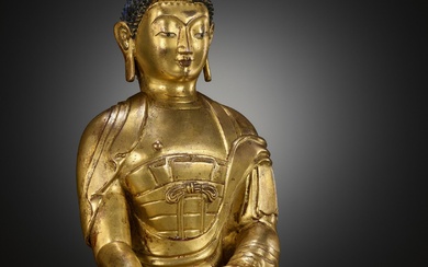 A GILT-BRONZE REPOUSSÉ FIGURE OF BUDDHA DUAN E, QIANLONG INCISED SEVEN-CHARACTER MARK AND PERIOD