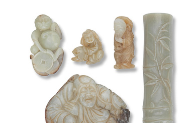 A GROUP OF FIVE PALE GREEN AND RUSSET JADE CARVINGS...