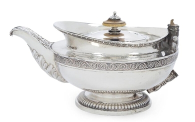 A George III silver teapot by Paul Storr, London, 1816, raised on a lobed circular foot, the teapot designed with egg-and-dart border to gallery, foliate-decorated spout and stylised serpent handle sockets, handle deficient, the hinged cover...