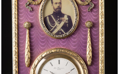 A Gilt Silver, Guilloché Enamel, and Diamond-Mounted Clock in the Manner of Fabergé (late 20th century)