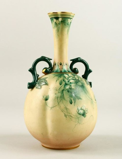 A HADLEY WORCESTER TWO HANDLED BULBOUS VASE painted