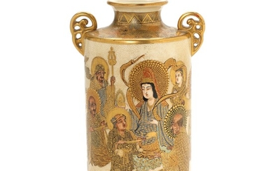 A Japanese Satsuma faience vase decorated in colours and gold. Signed. Meiji-Taisho. H. 22 cm.