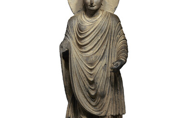 A LARGE AND IMPORTANT GREY SCHIST FIGURE OF BUDDHA SHAKYAMUNI ANCIENT REGION OF GANDHARA, 3RD - 4TH CENTURY CE